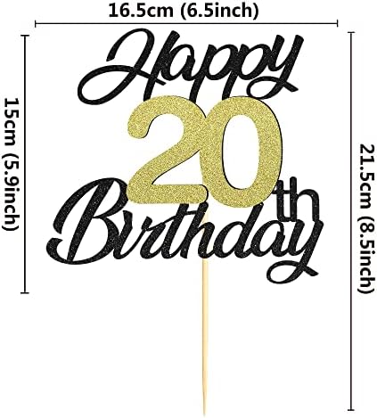 Sumerk Happy 20th Birthday Cake Toppers Black & Gold Glitter 20th Birthday Cake Decorations 20 Cake Topper for Birthday Party