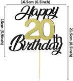 Sumerk Happy 20th Birthday Cake Toppers Black & Gold Glitter 20th Birthday Cake Decorations 20 Cake Topper for Birthday Party