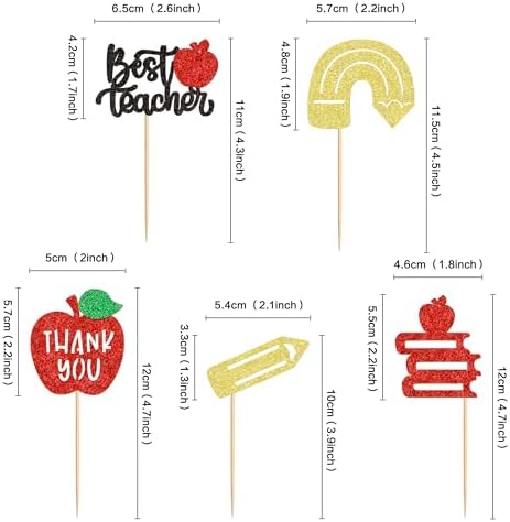 Ercadio 30PCS Teachers's Day Cupcake Toppers Glitter Best Teacher Cake Picks Thank You Apple Pencil Stationery for Baby Shower Birthday Anniversary Thanksgiving Day Party Cake Decoration