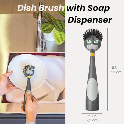 Vigar Felix Cat-Shaped Soap Dispensing Dish Brush, Dish Brush with Soap Dispenser for Pot Scrubber, Dishes, Sink, and Kitchen Essentials, Black, Gray
