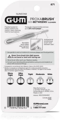 GUM Proxabrush Go-Betweens - Ultra Tight- Interdental Brushes - Soft Bristled Dental Picks for Plaque Removal Health - Safe for Braces & Dental Devices, 10 Count(Pack of 6)