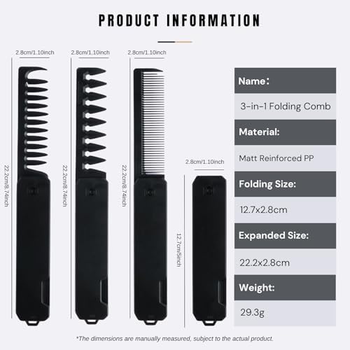 Protable Folding Pocket Comb for Men, 3 in 1 Hair Comb - Fine Tooth & Wide Tooth Comb, for Everyday Grooming & Combing Hair, Beards and Mustaches (Black)