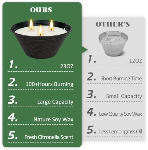 Citronella Candles Outdoor Large 23oz 3-Wick Natural Lemongrass Soy Wax Bucket Candle Up to 100 Hours Outdoor Candles for Patio,Yard,Fishing,Home Decor,Backyard in Summer