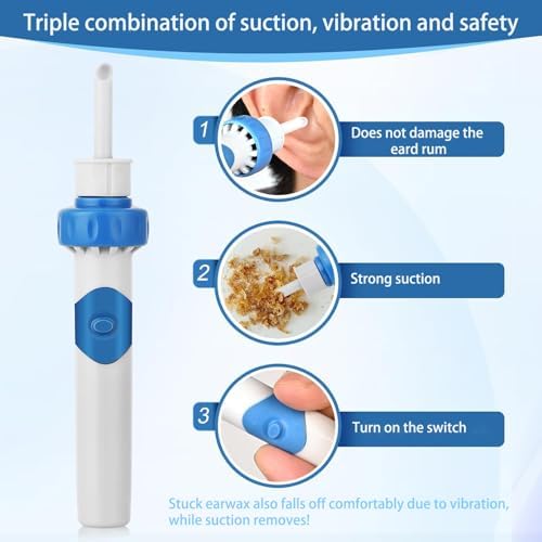 Electric Ear Wax Removal Tool with Vibration Suction, Gentle Ear Wax Vacuum for Dry Ear Wax, 2 Soft Interchangeable Heads for Itchy Ears, Earwax Remover (Sapphire Blue)