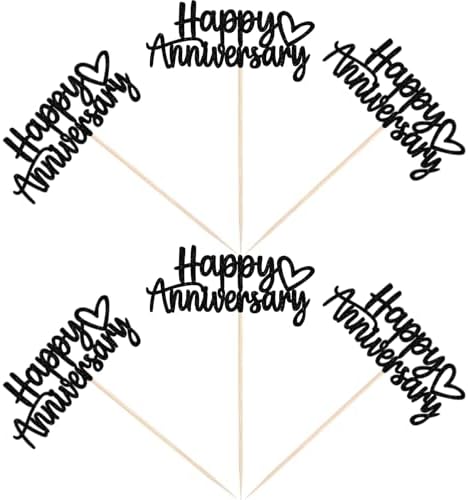 24 PCS Happy Anniversary Cupcake Toppers Glitter Wedding Anniversary Cupcake Picks Decorations for Wedding Anniversary Birthday Party Supplies Black