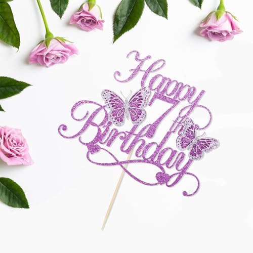 Butterfly Happy 7th Birthday Cake Topper-Glitter 3D Butterfly 7 Birthday Cake Topper,Baby Shower Party Decorations