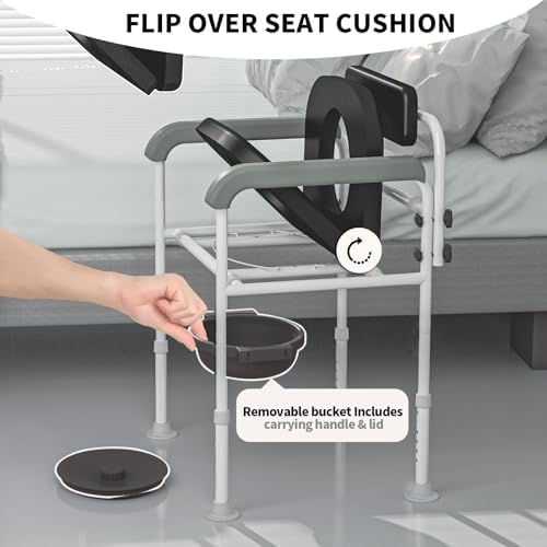 Adjustable Medical Bedside Commode Chair with Padded Backrest, Height Adjustable, Drop Arm Support