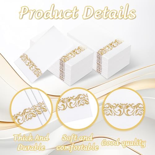 50PCS Gold Napkins Disposable - White and Gold Paper Napkins - Cloth-Like Feel Dinner Paper - Elegant Heavy Duty Hand Towels for Bathroom Party Bridal Decorative Reception