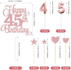 45th Birthday Cake Decorations, 45th Birthday Candles Cake Numeral Candles and Glitter Happy 45th Birthday Cake Toppers Set for Birthday Party Supplies (Rose Gold)