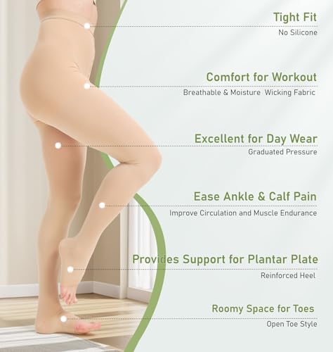KEKING Medical Compression Pantyhose for Women & Men, Comfort 15-20 mmHg Graduated Compression Support Stockings, Open Toe Compression Tights for Varicose Veins, Edema, Flight, Beige XL
