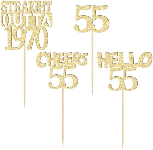 Gyufise 24Pcs Happy 55th Cupcake Toppers Glitter Fifty-five Straight Outta 1970 Cupcake Picks Cheers to 55 Years Birthday Cake Decorations for Happy 55th Birthday Anniversary Party Supplies Gold