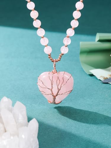 Top Plaza Healing Crystal Amethyst Necklace Natural Stone Beads Life Tree Wire Wrapped Teardrop Gemstone Pendant Jewelry for Women Mom