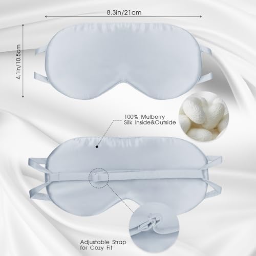 Silk Eye Mask for Sleep with Adjustable Strap for Women/Men/Adults Large 100% Mulberry Silk Sleeping Mask for Travel/Plane/Side Sleeper,Light Blue