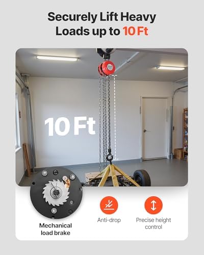VEVOR Hand Chain Hoist, 1 Ton 2200 lbs Capacity, Manual Chain Block with Upgrade G70 Galvanized Chain, 10 ft Lifting Height, Heavy Duty Pulley Hoist for Garage Warehouse Automotive Machinery, Red