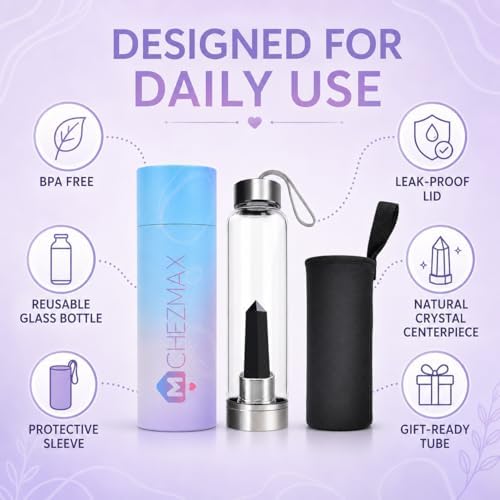 ChezMax Crystal Glass Water Bottle Energy Quartz Gemstone Water Bottle with Changeable Natural Crystal Center for Healing and Wellness
