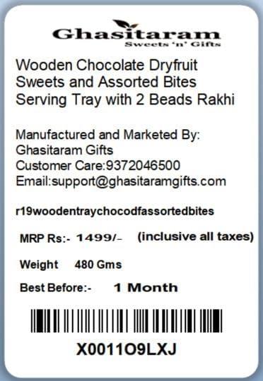 Ghasitaram Gifts Rakhi Gifts for Brothers Rakhi Sweets - Wooden Chocolate Dryfruit Sweets and Assorted Bites Serving Tray with 2 Beads Rakhi