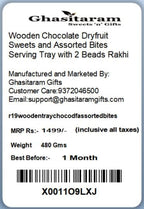 Ghasitaram Gifts Rakhi Gifts for Brothers Rakhi Sweets - Wooden Chocolate Dryfruit Sweets and Assorted Bites Serving Tray with 2 Beads Rakhi