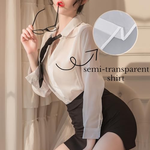 BIGFOX Women's Sexy Secretary Lingerie, OL Uniform Shirt and Bodycon Hip Skirt Teacher Cosplay Outfit Set for Nightclub, Rave