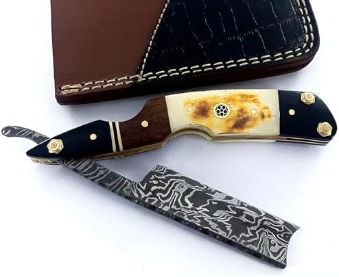 Damascus Steel Straight edge Razor Barber Salon Shaving wet shave real leather sheath for men SM151