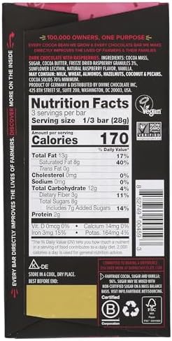 Divine Chocolate, Bar Dark Chocolate Raspberries 70%, 3 Ounce