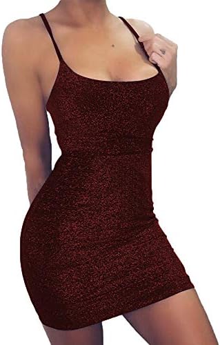 Women's Sexy Glitter Spagetti Straps Lace Up Back Bandage Bodycon Mini Club Party Dress