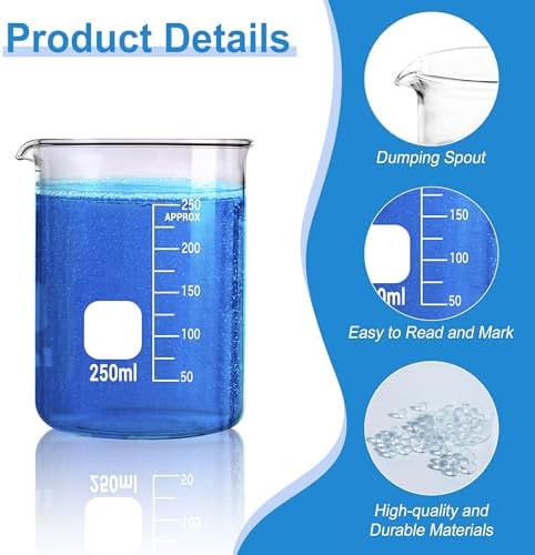 Glass Beakers Set, 5 Sizes - 10ml, 25ml, 50ml, 100ml, 250ml, 3.3 Borosilicate Beaker for Laboratories, Classrooms or Home, Griffin Low Form Lab Beakers