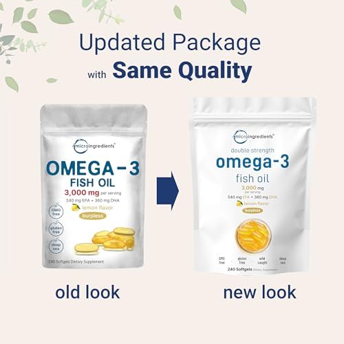 Micro Ingredients Omega 3 Fish Oil Supplements 3,000mg Per Serving, 240 Softgels | Lemon Flavored – Burpless | EPA 540mg + DHA 360mg | Deep Sea Fish