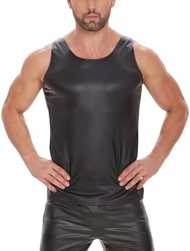 Men Sexy Leather Tank Top, Soft Matte, Plus Size, Male Black Shiny Vest