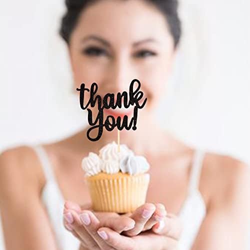 Rsstarxi 24 Pack Thank You Cupcake Toppers Black Glitter Thank You Cupcake Picks for Thanksgiving Day Wedding Anniversary Baby Shower Kids Birthday Party Cake Decoration Supplies