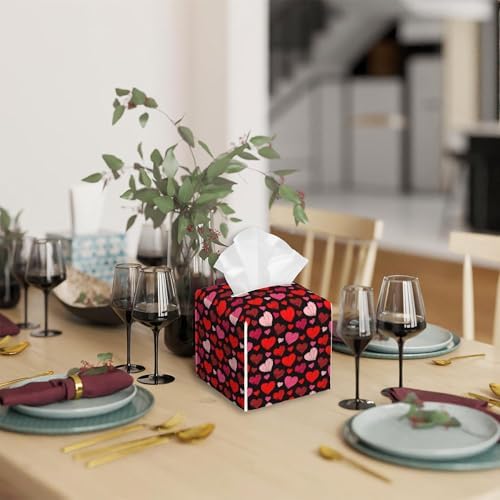 Hearts Tissue Box Cover,Red Hearts PU Leather Tissue Box Holder Square,Modern Home Decoration for Bathroom Living Room Kitchen Office Car,5.2"×5.2"×5.2"