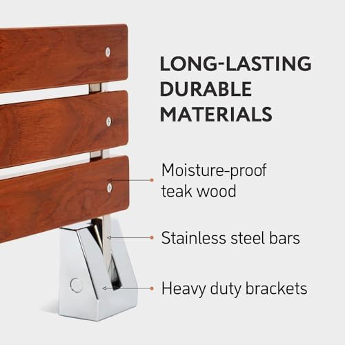 Folding Shower Seat - Teak Shower Seat Wall Mounted - 16 Inch Floating Fold Down in Shower Bench - Fold Up Bathroom Stool - Foldable Teak Wood Chair with Stainless Steel Wall Mount - 330lb Capacity