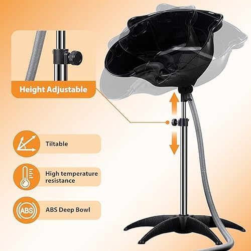 Portable Shampoo Bowl，Shampoo Basin Salon Sink Hair，Height & Angle Adjustable Hair Washing Bowl with Drain Hose，Black