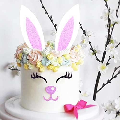 2 Pack Bunny Ears Cake Topper Decorations with Eyelashes Nose Ear, Cupcake Topper for Easter, Christmas, Birthday Party Decor