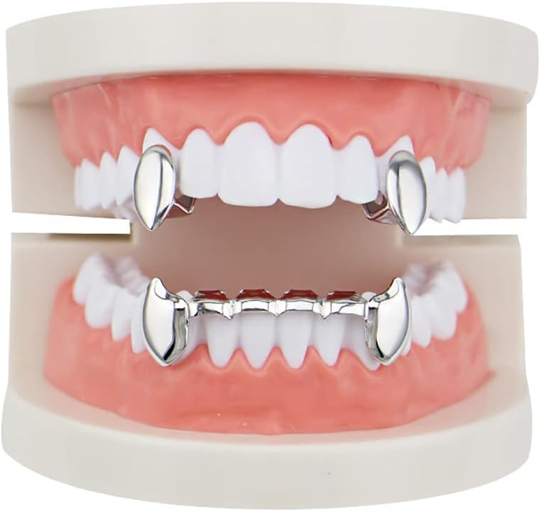 18K Gold Plated Hip Hop Teeth Grillz Caps 2pc Single Fangs and 6 Bottom Grillz Set for Your Teeth Grills for Men Women Rapper Accessory