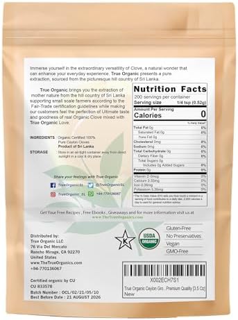 True Organic Ground Cloves, 3.5 ounces, Premium Quality, USDA Organic & Kosher Certified Organic Cloves Powder, Non-GMO, Fresh Ground Cloves, Pure Ceylon Premium Quality