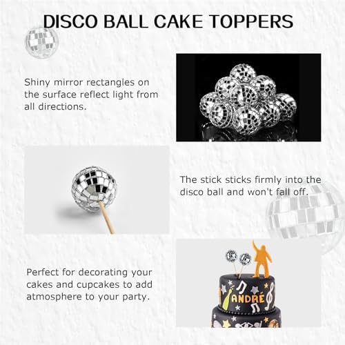 JOERSH 24pcs Disco Ball Cupcake Toppers - 1970s Disco Ball Picks Disco Theme Cake Decorations for Disco Theme Party 70s Disco Party Favor (Silver)