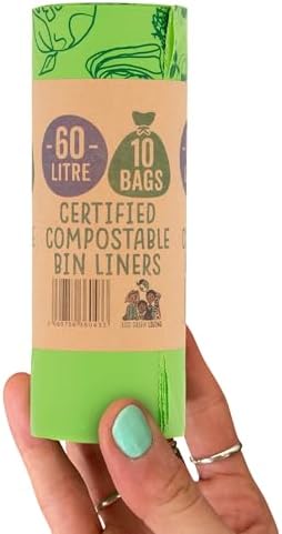 Eco Green Living 100% Compostable Biodegradable Bin Liners 60L Bin Bags For Food Waste, Kitchen Tall Bin Liners, Vegan, Strong, Leakproof, BPA Free, Recyclable, 6 Rolls, 60 Bags