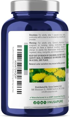 NusaPure Dandelion Root, 250 mg, 200 Veg Capsules (Non-GMO, Vegan)