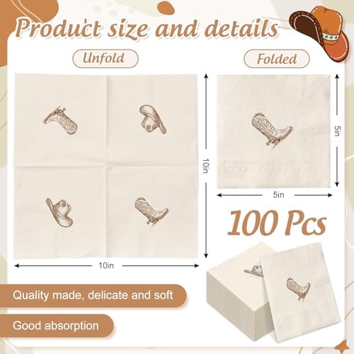 Whaline 50Pcs Western Cowboy Cocktail Napkins Beverage Napkin Brown Cowgirl Hat Boot Last Rodeo Disposable Paper Napkin for Birthday Bachelorette Baby Shower