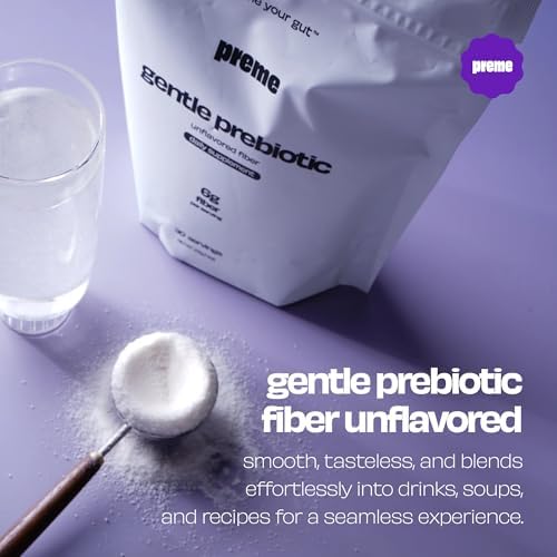 Preme Gentle Prebiotic Fiber – Unflavored Low FODMAP Organic Soluble Fiber Powder for Improved Digestion, Smooth Tasteless Fiber that Dissolves Into Drinks & Recipes, 30 Servings