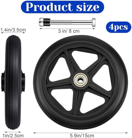Covzoe 4 Pack Walker Wheels Replacement, 6 Inch Anti-Slip Solid Roller Wheels for Walkers, Heavy-Duty Office Wheelchair Front Wheel Accessories, Hub for Wheelchairs Rollators Walkers