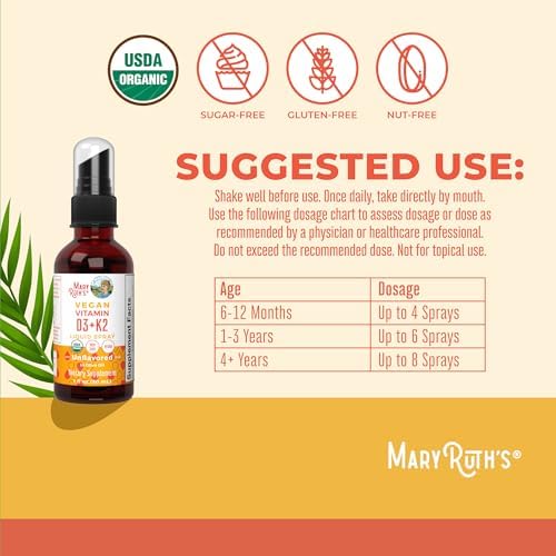 MaryRuth's Organic D3 + K2 Spray for Adults & Kids for Bone Health | Vitamin D3 as Cholecalciferol | Vitamin K2 | Immunity | Mineral Absorption | Heart Health | Vegan | Non-GMO | Gluten Free | 1 Fl Oz