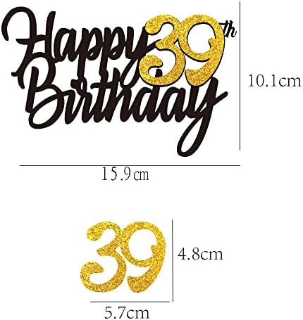 Happy 39th Birthday Cake Toppers Glitter 39th Anniversary Cake Topper 39 Years Loved Bday Decorations 39 Gold Birthday Cake Decorations Thirty-nine Party Supplies for Women Men(Black Gold)