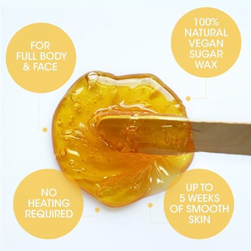 Nad's 100% Natural Sugar Wax Kit, Vegan, Hypoallergenic, No-heat Formula Waxing Sugar Paste, Includes 6 Wooden Spatulas, 10 Reusable 100% Cotton Strips, 1 Pre-wax Cleansing Soap & Sugar Wax 6oz