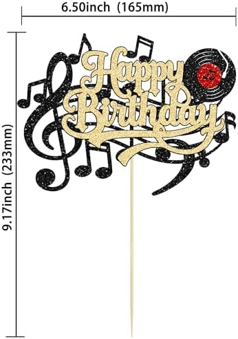 Ephlyn 1Pc Music Happy Birthday Cake Topper Gold Black Glitter Musical Symbol CD Cake Pick Music Cake Decorations for Concert Singer Theme Baby Shower Birthday Party Decorations Supplies