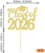 Rsstarxi 1 Pack Class of 2026 Cake Topper Glitter Congrats Grad 2026 Graduation Cake Pick Decorations for 2026 Graduation Theme High School Graduate Party Cake Decorations Gold
