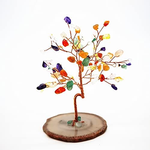 Quartz Crystal Feng Shui Money Tree Natural Agate Flakes Geode Base Bonsai Style Decoration for Luck and Wealth 3.6"- 4.6" (Multicolor)