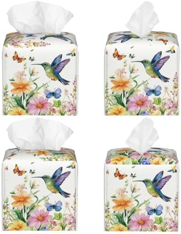 Spring Floral Hummingbird Tissue Box Cover Wild Flowers Florals Butterfly Square Leather Tissue Holder Decorative Facial Tissue Cube Paper Cover Case Organizer for Bathroom Night Stands Desk Home