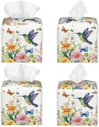 Spring Floral Hummingbird Tissue Box Cover Wild Flowers Florals Butterfly Square Leather Tissue Holder Decorative Facial Tissue Cube Paper Cover Case Organizer for Bathroom Night Stands Desk Home