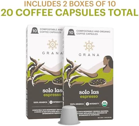 G GRANA Coffee Pods, Compatible with Nespresso OriginalLine, 20 Pack, Medium Roast, USDA Organic 100% Arabica Single Source Specialty Coffee, Compostable Single Serve Capsules, Solo Las